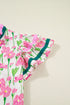 Floral Print Contrast Trim Double Ruffle Sleeve Cotton Blouse