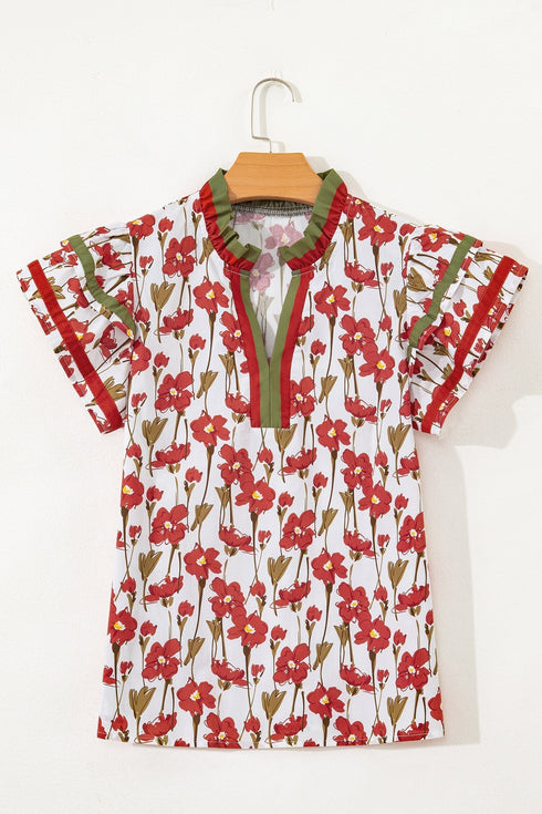 Floral Print Contrast Trim Double Ruffle Sleeve Cotton Blouse