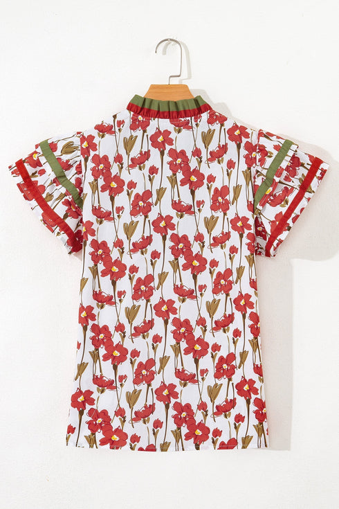 Floral Print Contrast Trim Double Ruffle Sleeve Cotton Blouse