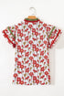 Floral Print Contrast Trim Double Ruffle Sleeve Cotton Blouse