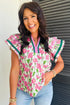 Floral Print Contrast Trim Double Ruffle Sleeve Cotton Blouse