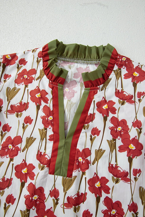 Floral Print Contrast Trim Double Ruffle Sleeve Cotton Blouse