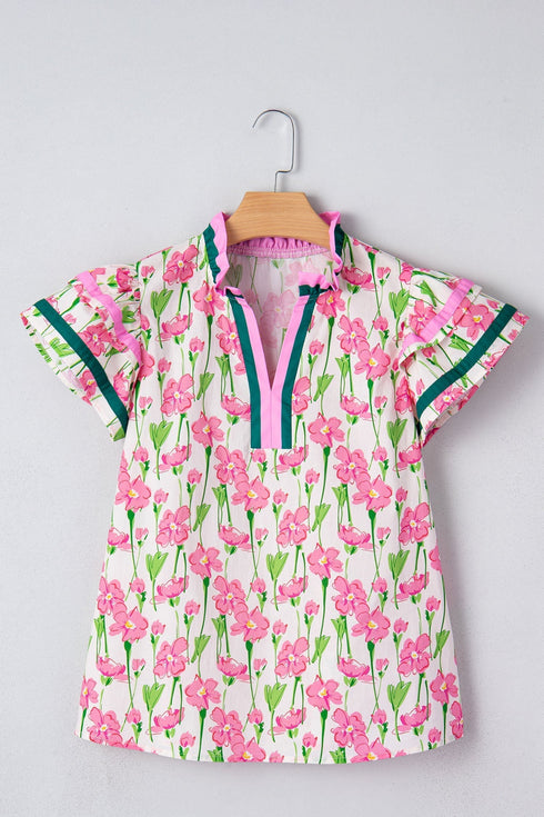 Floral Print Contrast Trim Double Ruffle Sleeve Cotton Blouse