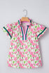 Floral Print Contrast Trim Double Ruffle Sleeve Cotton Blouse