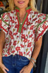 Floral Print Contrast Trim Double Ruffle Sleeve Cotton Blouse