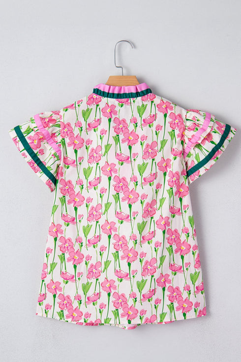 Floral Print Contrast Trim Double Ruffle Sleeve Cotton Blouse