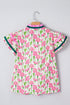 Floral Print Contrast Trim Double Ruffle Sleeve Cotton Blouse