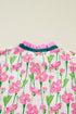 Floral Print Contrast Trim Double Ruffle Sleeve Cotton Blouse