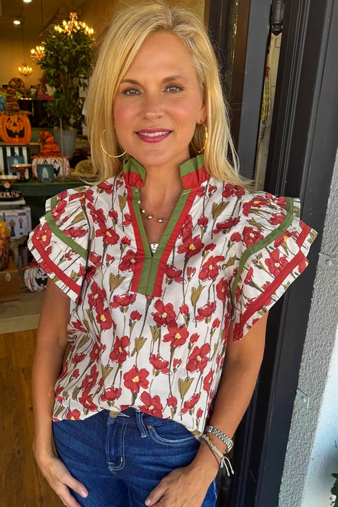 Floral Print Contrast Trim Double Ruffle Sleeve Cotton Blouse