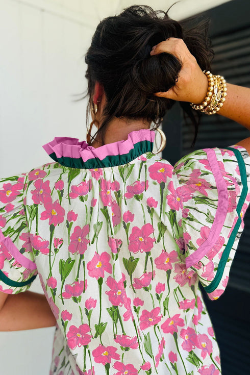 Floral Print Contrast Trim Double Ruffle Sleeve Cotton Blouse