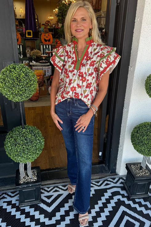 Floral Print Contrast Trim Double Ruffle Sleeve Cotton Blouse