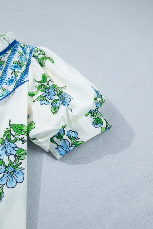 Floral Print Contrast Trim Puff Sleeve Tie Neck Blouse