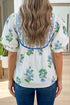 Floral Print Contrast Trim Puff Sleeve Tie Neck Blouse