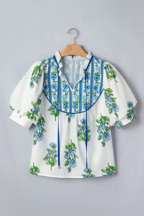 Floral Print Contrast Trim Puff Sleeve Tie Neck Blouse