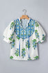 Floral Print Contrast Trim Puff Sleeve Tie Neck Blouse