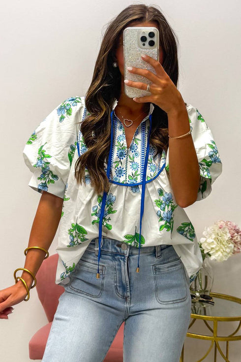 Floral Print Contrast Trim Puff Sleeve Tie Neck Blouse