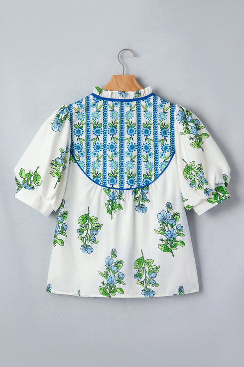 Floral Print Contrast Trim Puff Sleeve Tie Neck Blouse
