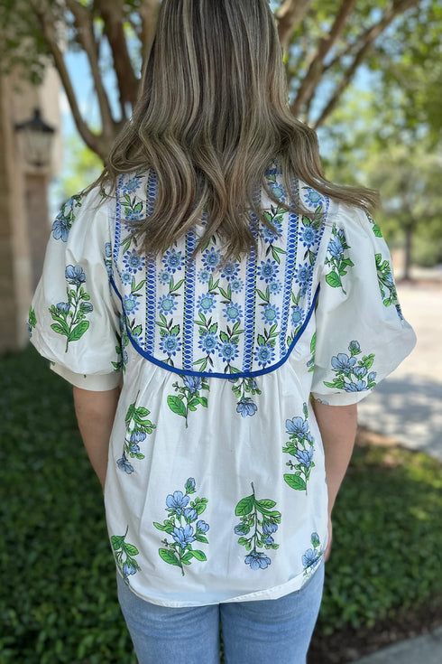 Floral Print Contrast Trim Puff Sleeve Tie Neck Blouse