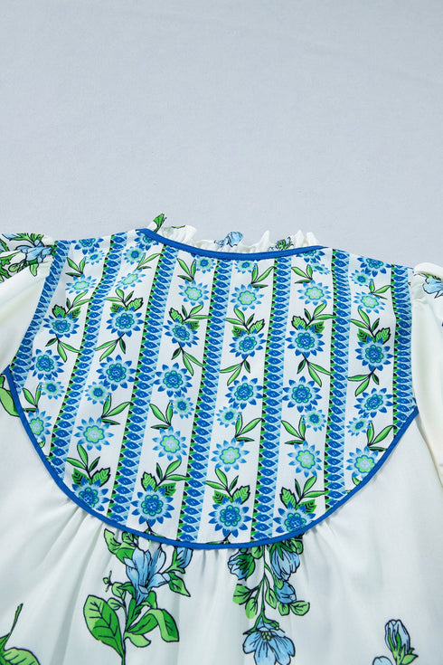 Floral Print Contrast Trim Puff Sleeve Tie Neck Blouse