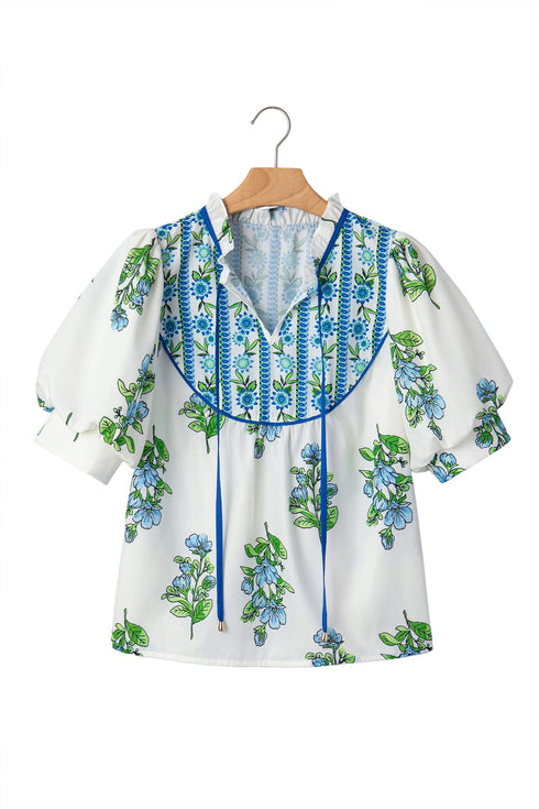 Floral Print Contrast Trim Puff Sleeve Tie Neck Blouse