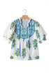 Floral Print Contrast Trim Puff Sleeve Tie Neck Blouse
