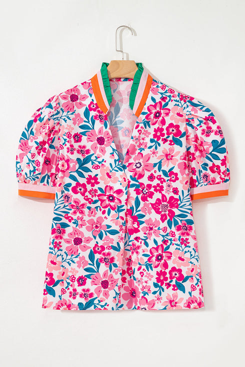 Floral Print Contrast Trim Short Sleeve Blouse
