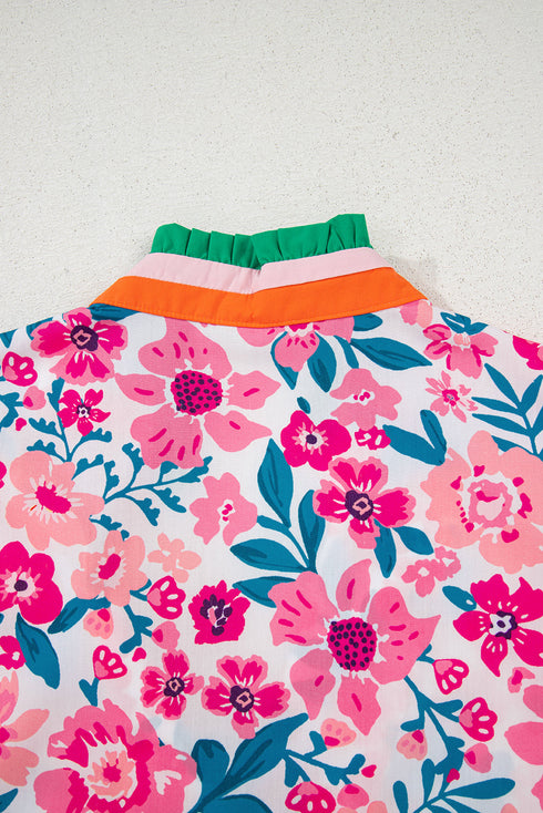 Floral Print Contrast Trim Short Sleeve Blouse
