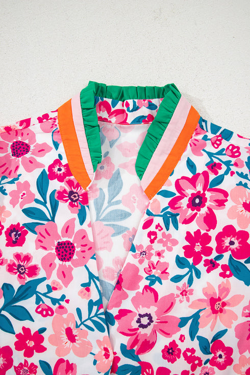 Floral Print Contrast Trim Short Sleeve Blouse
