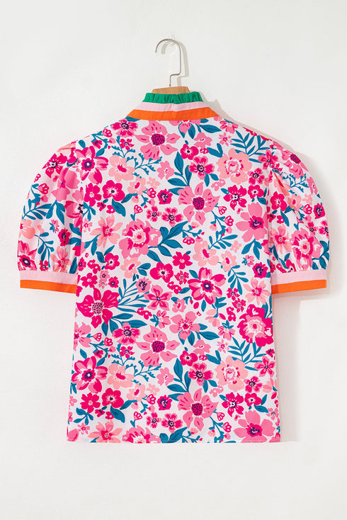 Floral Print Contrast Trim Short Sleeve Blouse