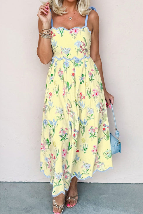Floral Print Contrast Trim Tie Strap Midi Dress