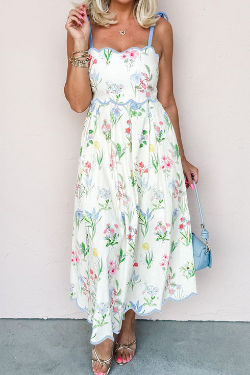 Floral Print Contrast Trim Tie Strap Midi Dress