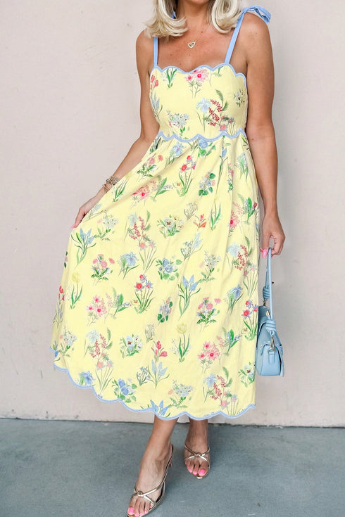Floral Print Contrast Trim Tie Strap Midi Dress