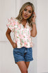 Floral Print Contrast Trim Tiered Ruffle Sleeve V Neck Blouse