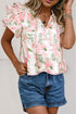 Floral Print Contrast Trim Tiered Ruffle Sleeve V Neck Blouse