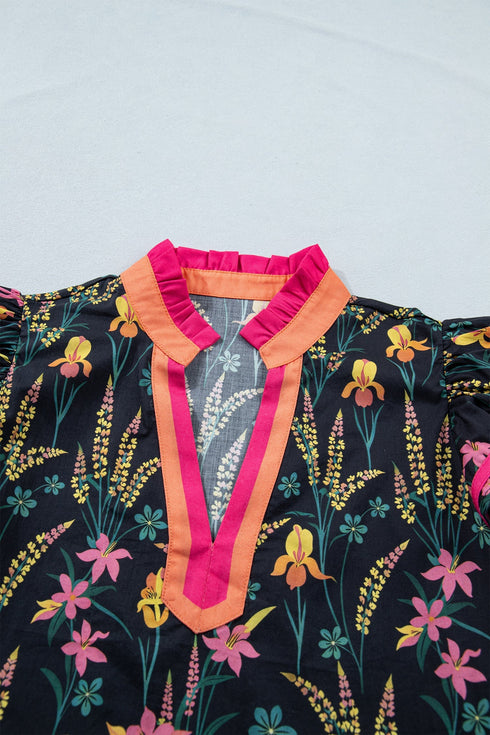 Floral Print Contrast Trim Tiered Ruffled Short Sleeve Blouse
