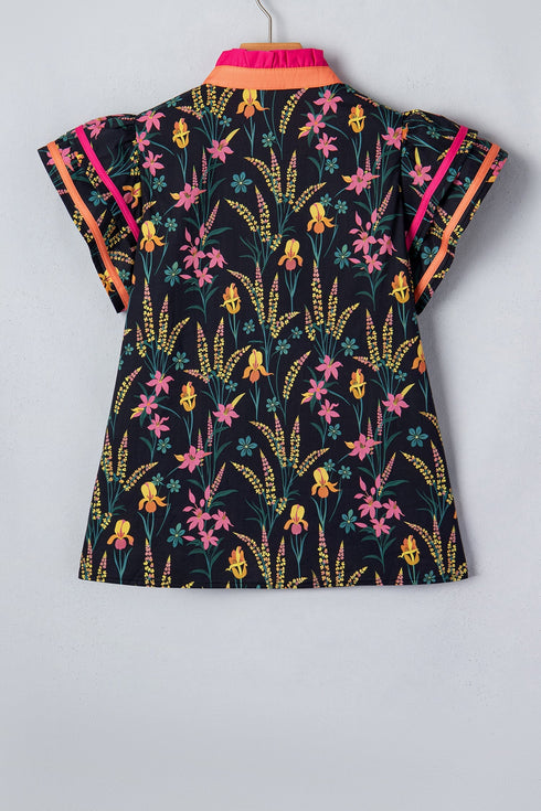 Floral Print Contrast Trim Tiered Ruffled Short Sleeve Blouse