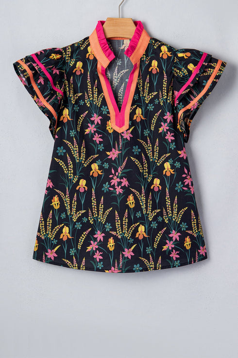 Floral Print Contrast Trim Tiered Ruffled Short Sleeve Blouse