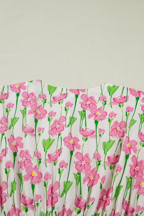 Floral Print Contrast Trim V Neck A Line Midi Dress
