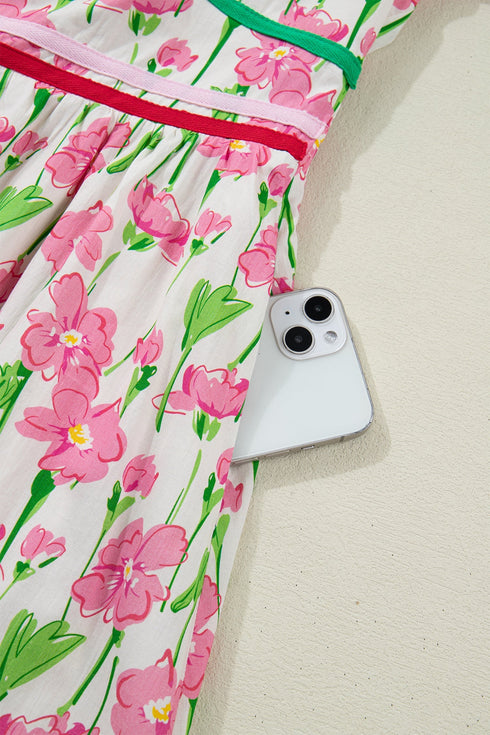 Floral Print Contrast Trim V Neck A Line Midi Dress