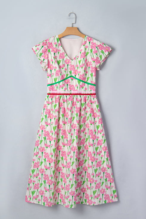 Floral Print Contrast Trim V Neck A Line Midi Dress