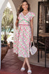 Floral Print Contrast Trim V Neck A Line Midi Dress