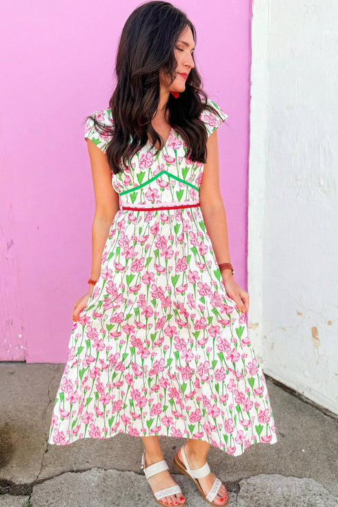 Floral Print Contrast Trim V Neck A Line Midi Dress
