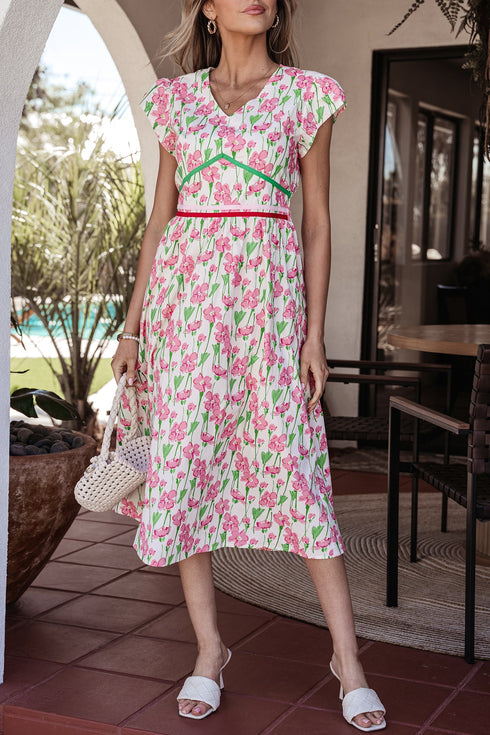 Floral Print Contrast Trim V Neck A Line Midi Dress