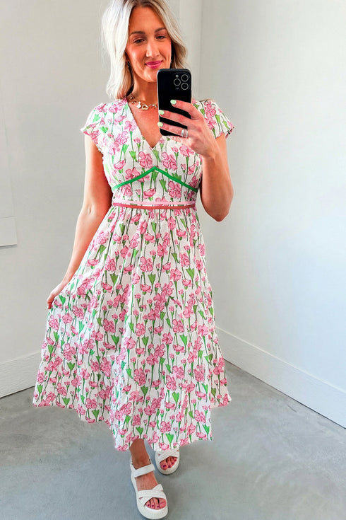 Floral Print Contrast Trim V Neck A Line Midi Dress