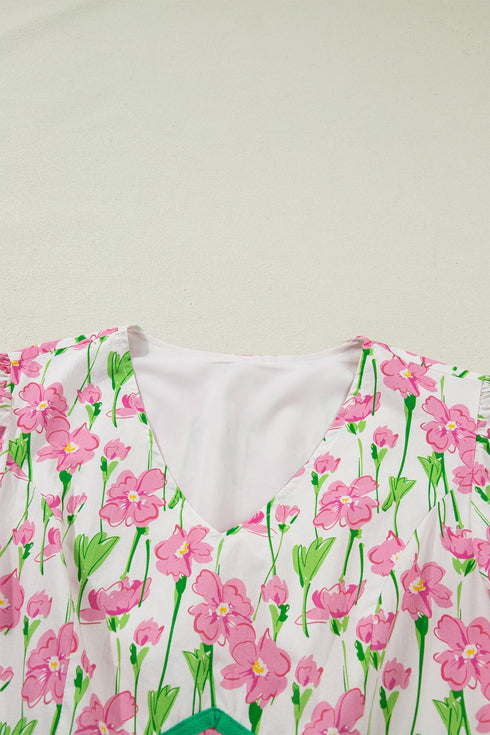 Floral Print Contrast Trim V Neck A Line Midi Dress