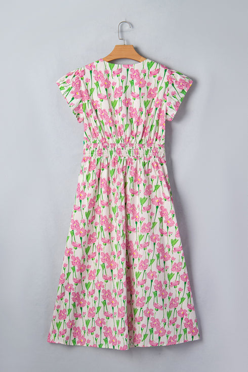 Floral Print Contrast Trim V Neck A Line Midi Dress