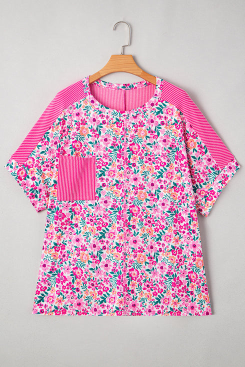 Floral Print Corded Fabric Patchwork Loose Top