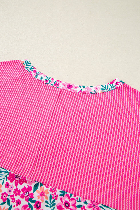 Floral Print Corded Fabric Patchwork Loose Top