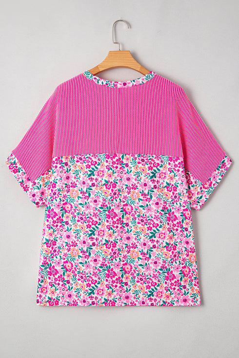 Floral Print Corded Fabric Patchwork Loose Top