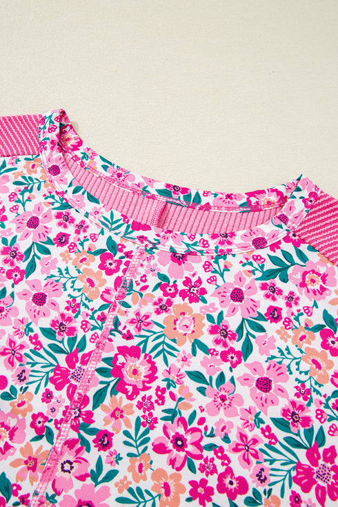Floral Print Corded Fabric Patchwork Loose Top